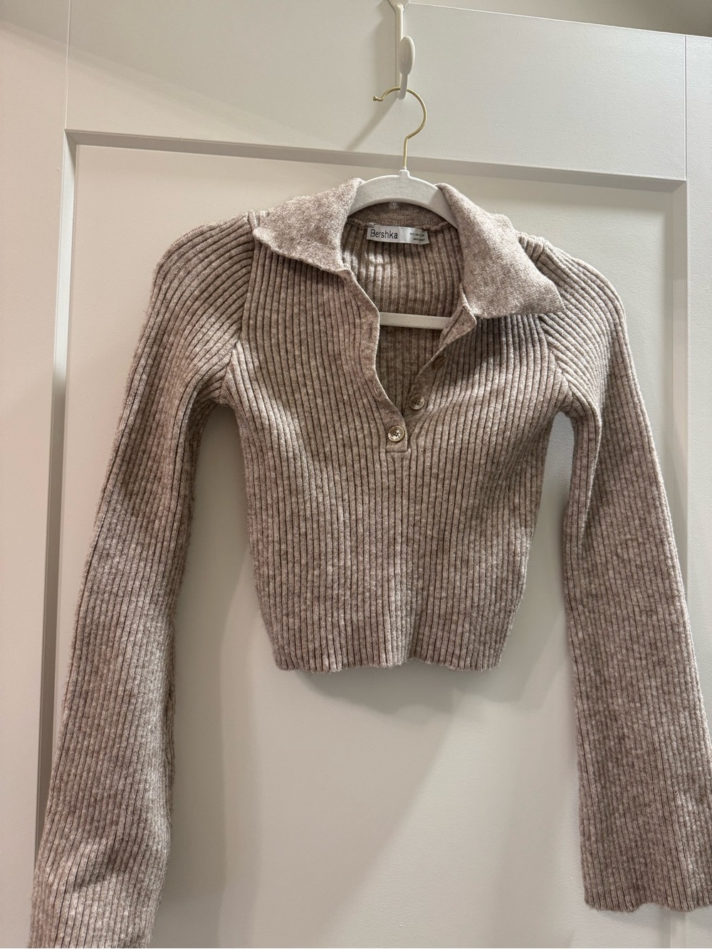 Bershka Taupe Ribbed Polo Knit Sweater - Women's